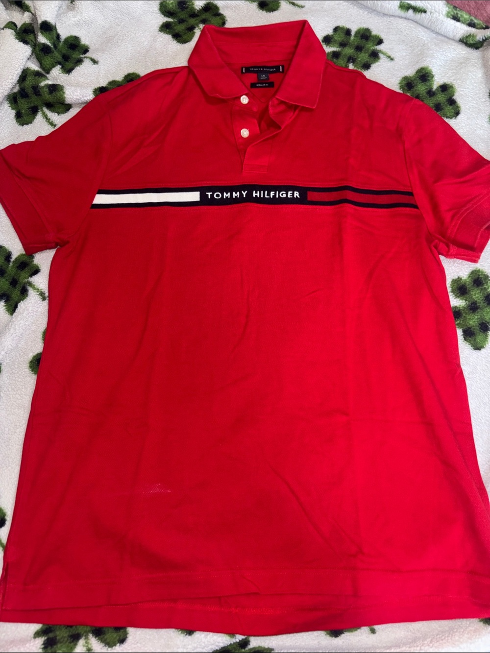 Tommy Hilfiger Red Polo with Navy & White Chest Stripe